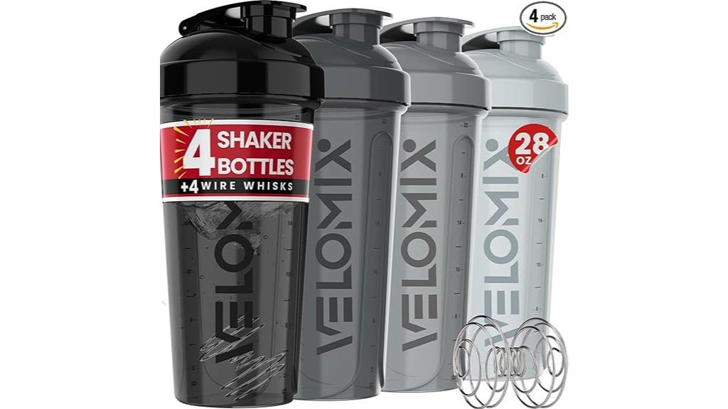 four protein shaker bottles
