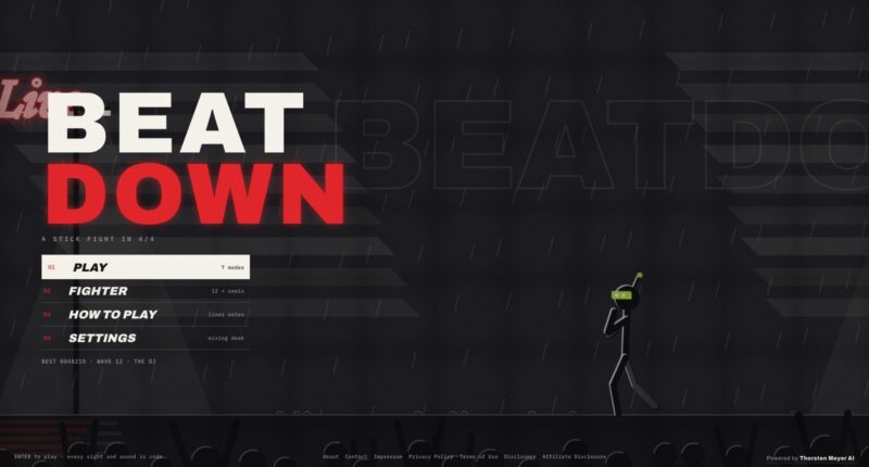 BEATDOWN title in film-noir style, a stick-figure producer silhouetted against rain and a red neon sign